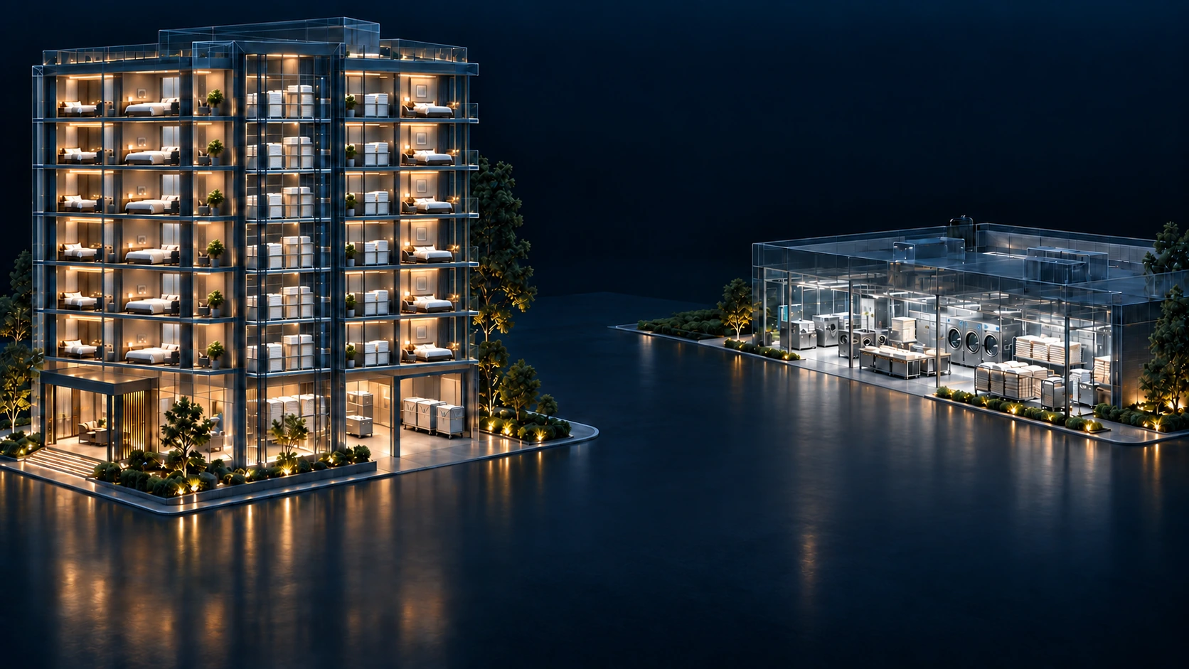 A detailed glass hotel with six guest floors, floor pantries and a ground-level service area, connected to a transparent laundry.