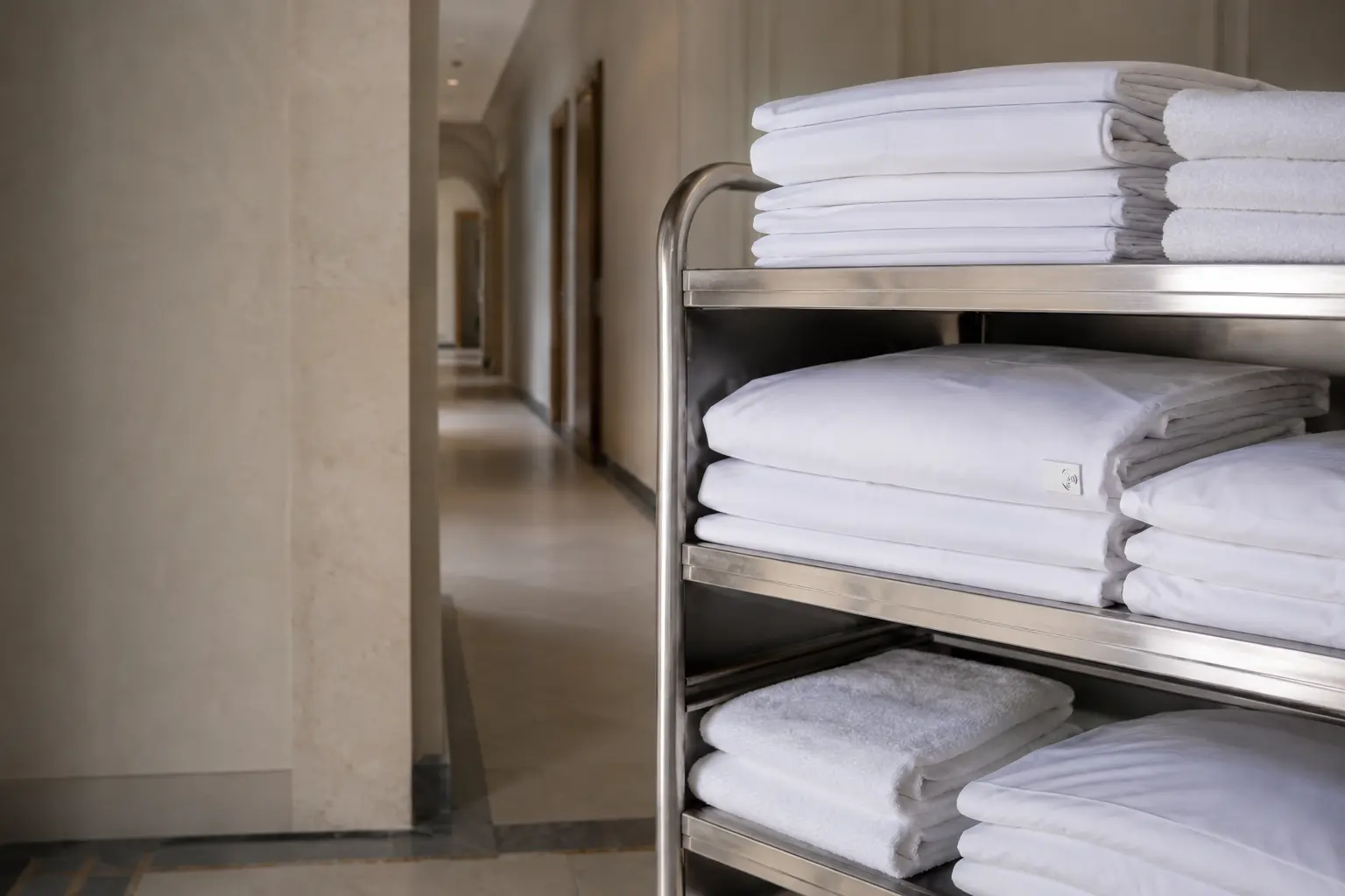 Fresh hotel textiles on a service trolley in a guest corridor.