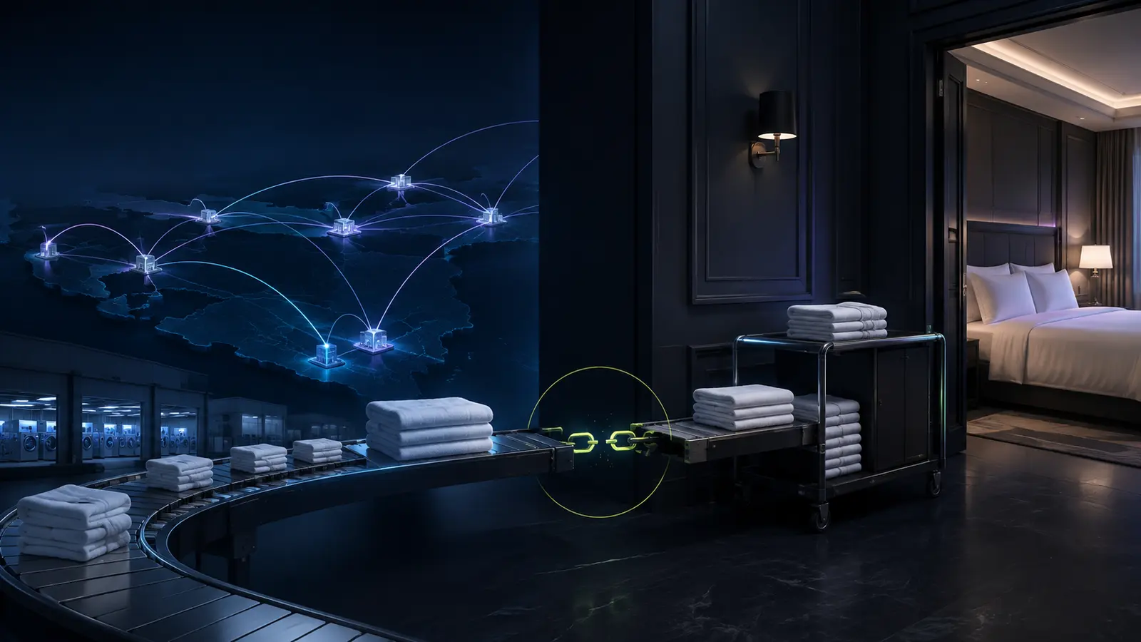Connected hotel textiles moving between property and laundry