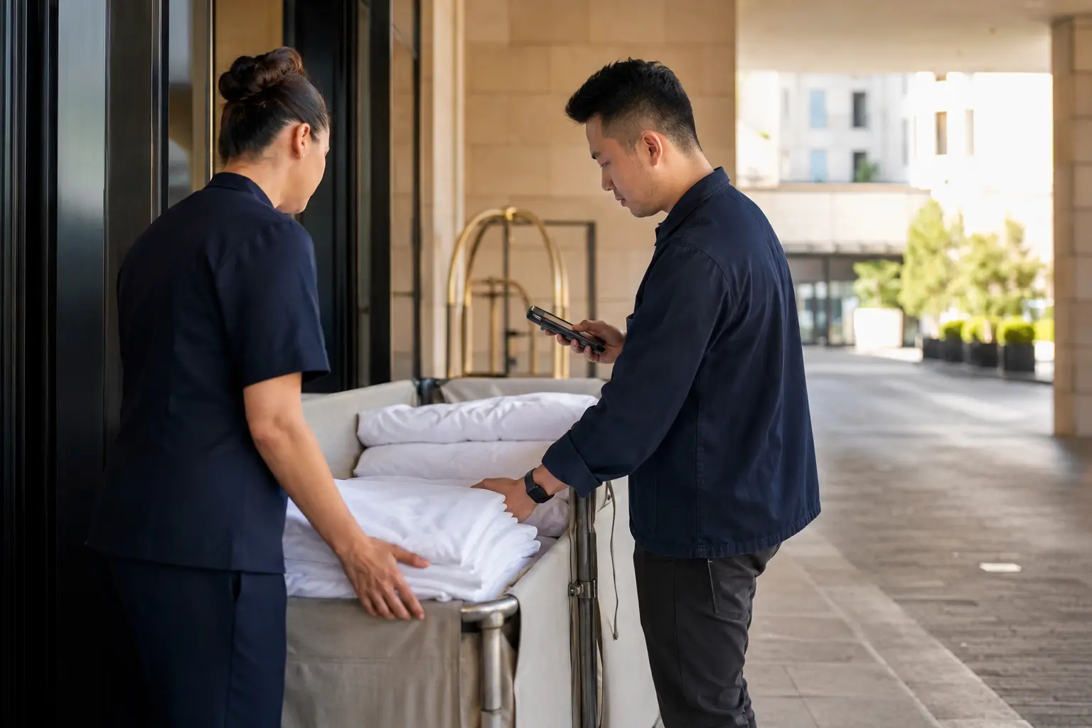 Hotel operations team checking a textile handoff with a handheld reader.
