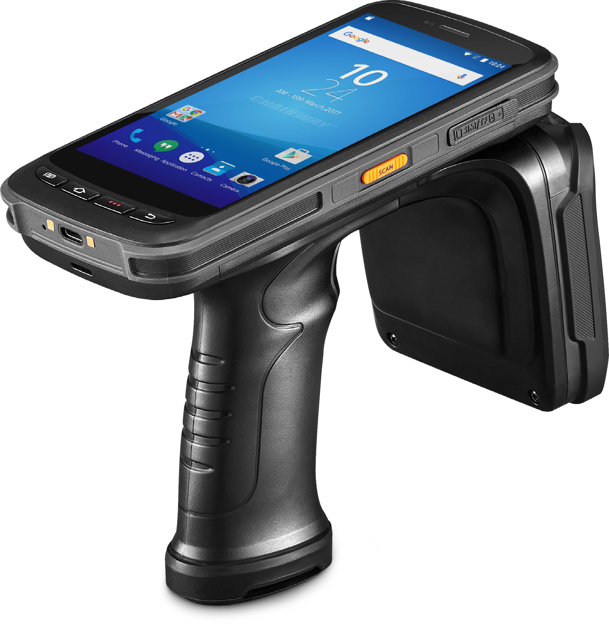 Complete Chainway C72 handheld, showing the original manufacturer screen, pistol grip and integrated RFID antenna housing