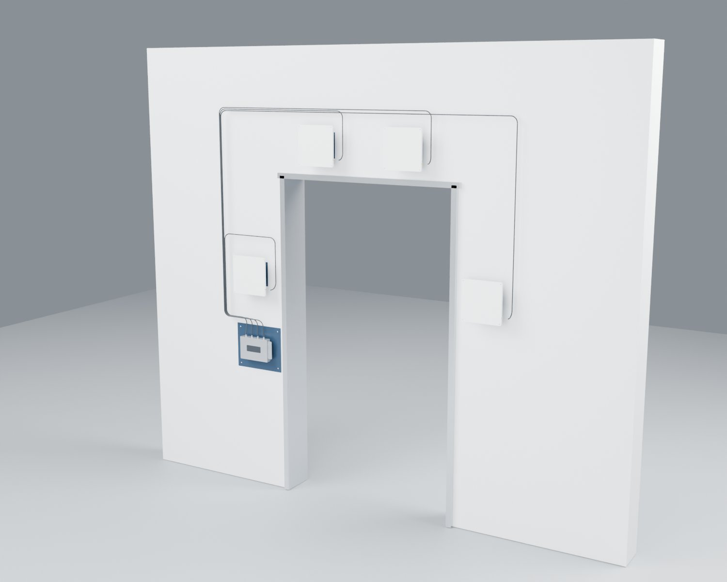 Four-antenna wall reader with cased U300 around an illustrative doorway, without an operator screen